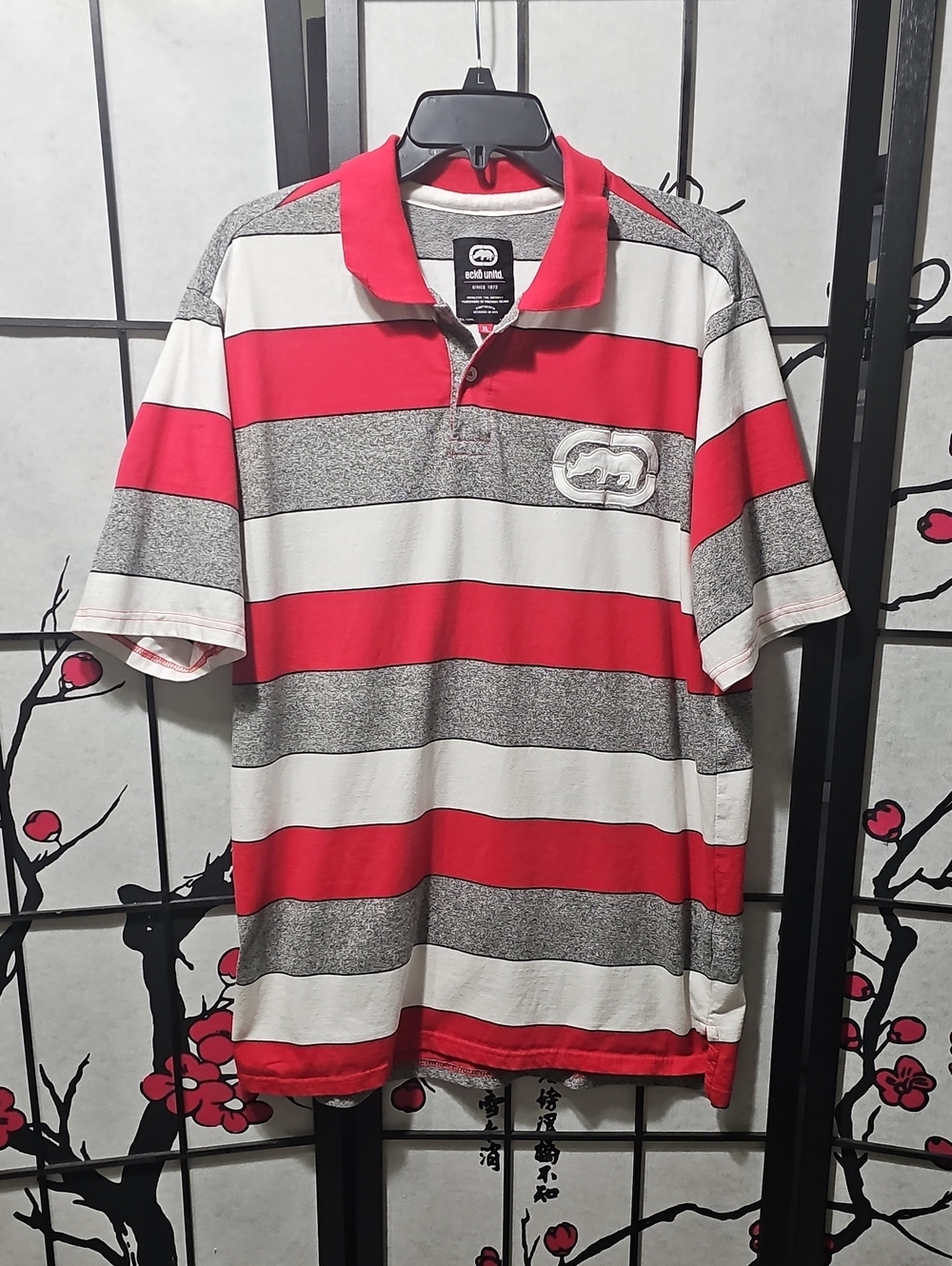 Ecko Unlimited Red, White & Gray Striped Polo Shirt XL